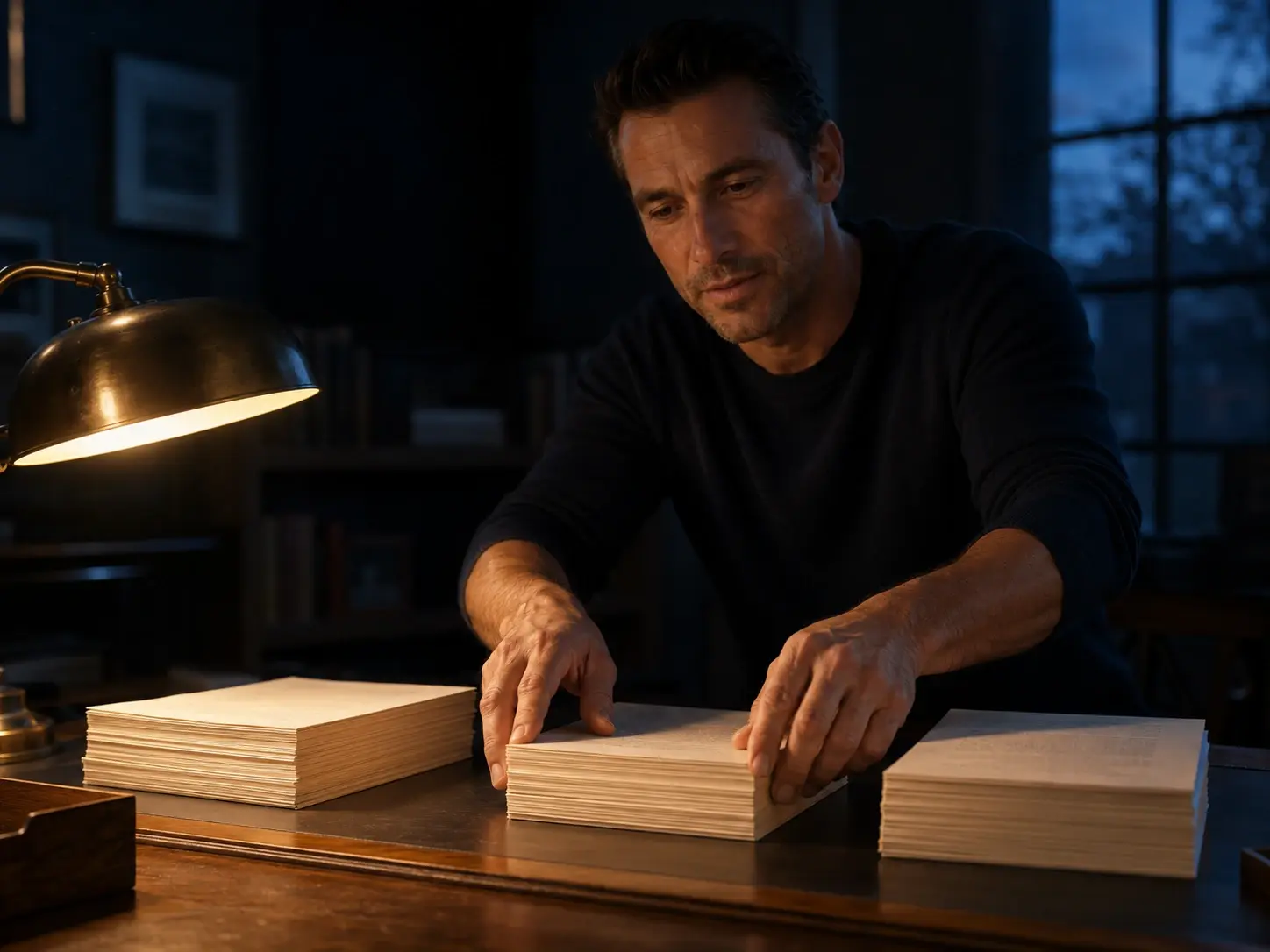 A paper miniature reading desk, a single document open under a narrow gold beam.