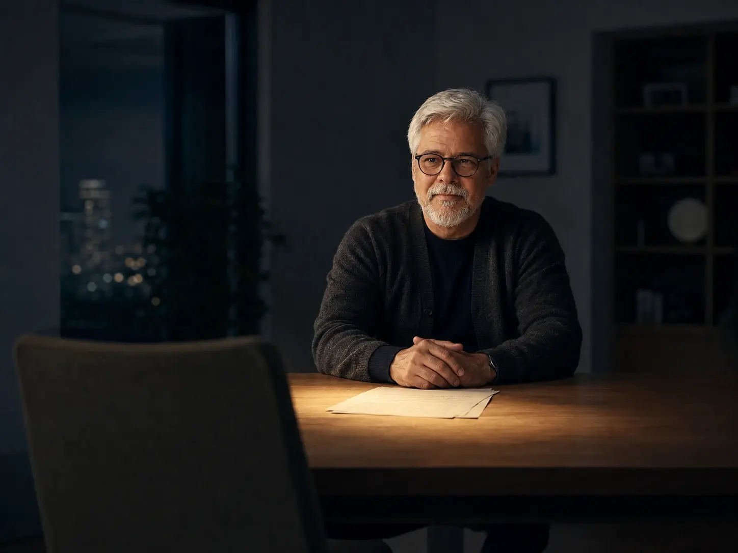 A paper miniature: two identical chairs face each other across a small table, lit between them.