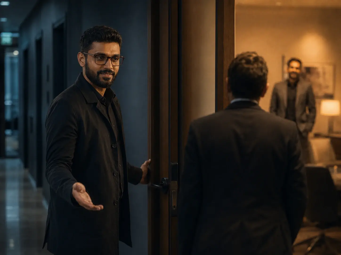 A held office door at blue hour, one warm beam spilling through as a client is ushered in, the personal introduction.