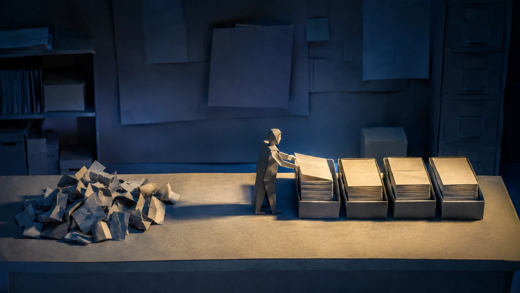 A paper miniature on a long table: a chaotic pile of paper scraps on the left, a tiny paper figure mid-table sorting them into four neat trays under a single warm lamp.