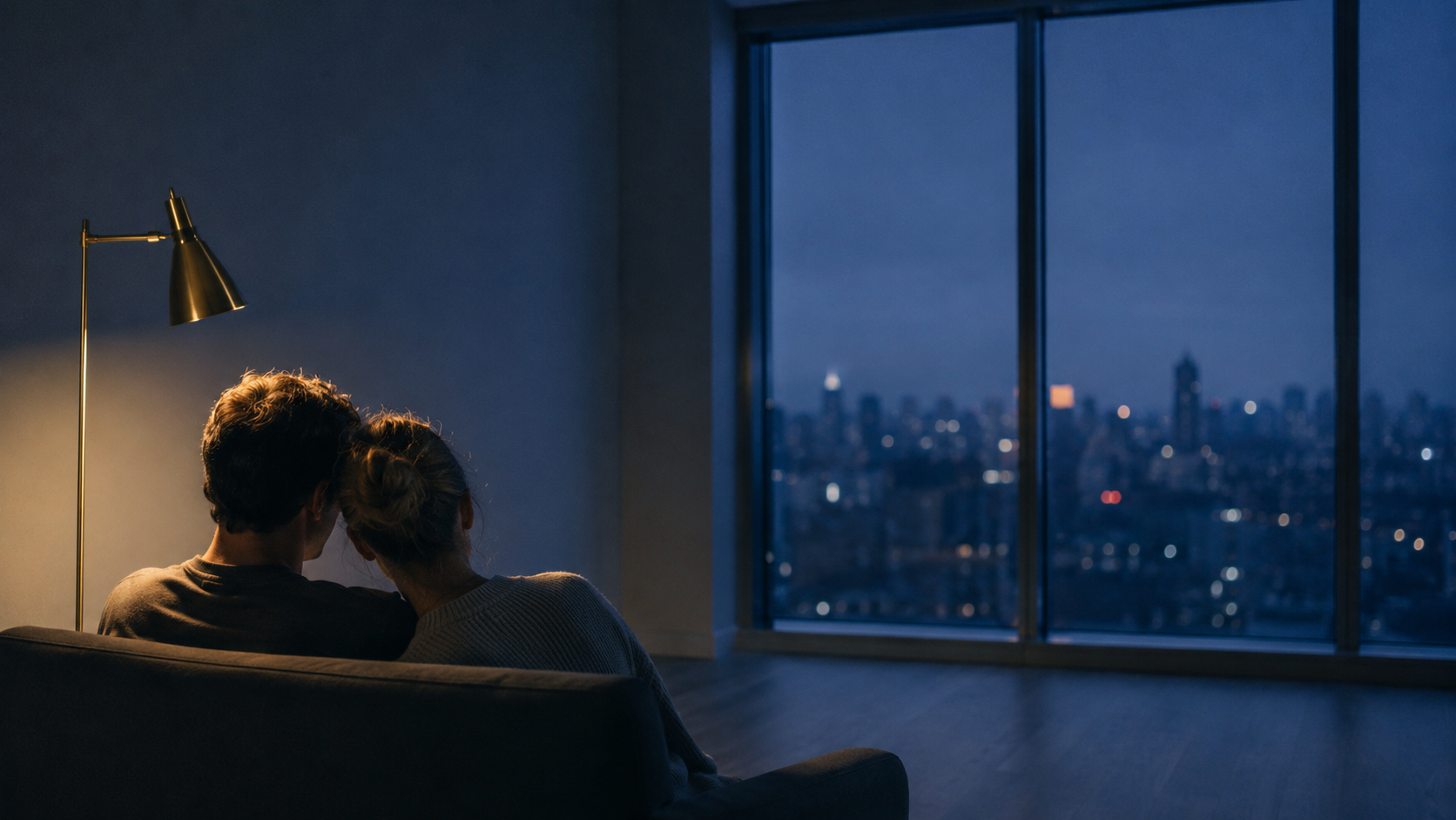 A couple seen from behind on a sofa before a tall window at deep blue hour, one warm lamp on their shoulders, settled, after a clean decision.