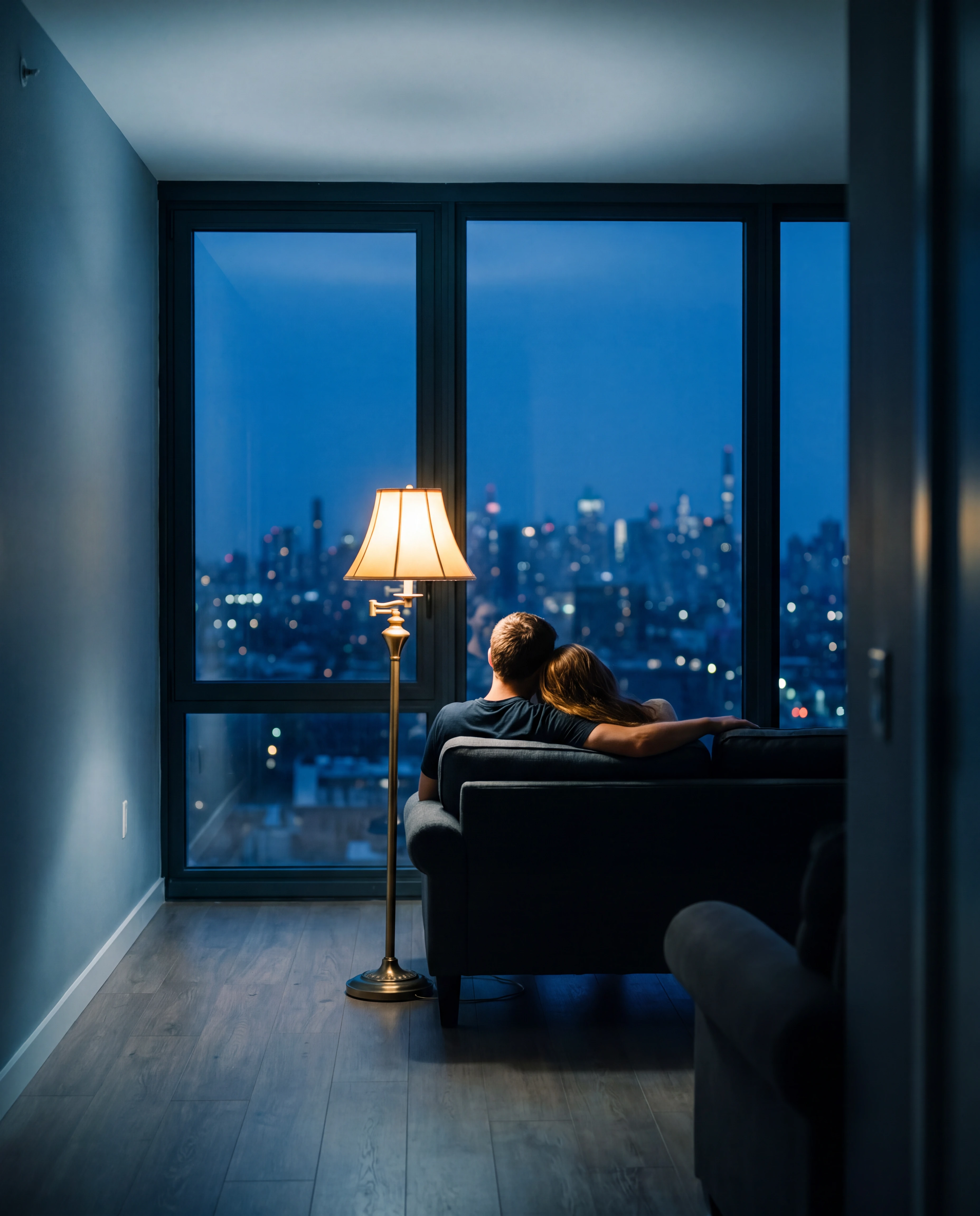 A couple seen from behind on a sofa before a tall window at deep blue hour, one warm lamp on their shoulders, settled, after a clean decision.