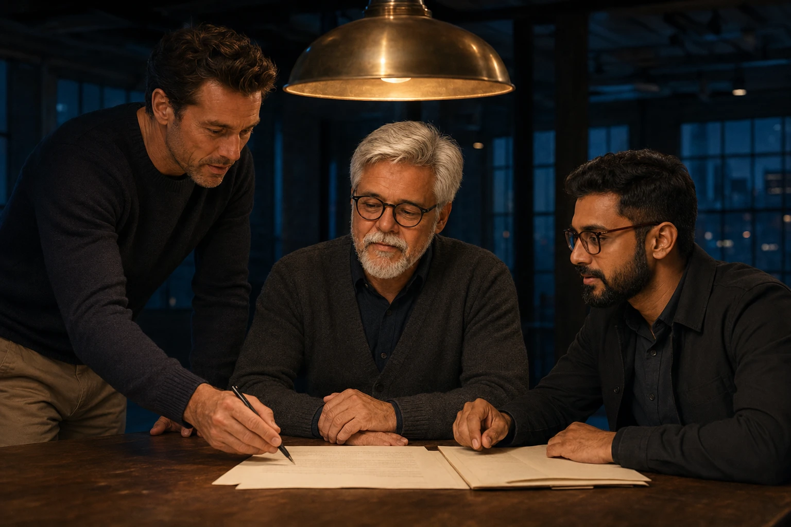 Three men at one long table in a vast dim room at deep blue hour, a single gold pendant holding their faces, mid-discussion, at work.